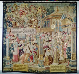 Szenen aus dem Leben des heiligen Remigius (gest. 533), Bischof von Reims: die Schlacht von Tolbiac im Jahr 496: die Bekehrung und Taufe von Clovis I. (465-511), König der Franken, 1531